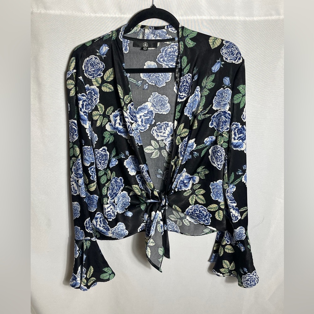 Missguided Black Floral Tie-Front Blouse with Blue Roses